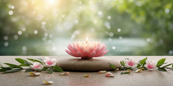 Flower-scented candle surrounded by water and white decor for natural health ambiance, Earth Day