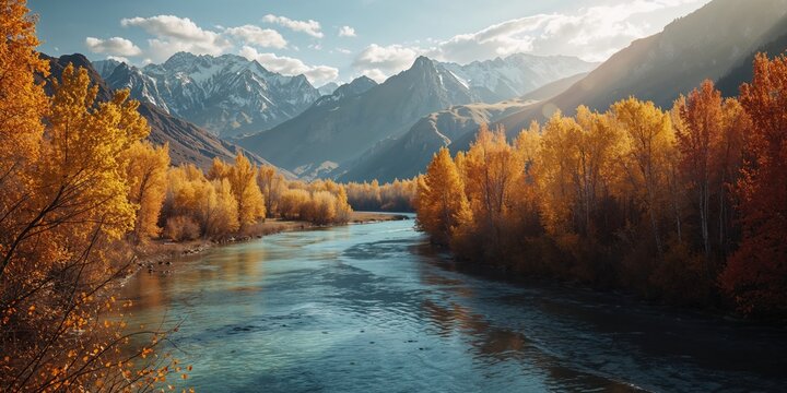 Autumn scenery of the Chuya River Valley with colorful leaves, ideal for nature-themed layouts