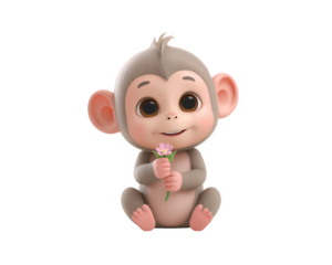 an adorable baby monkey sweetly holding a vibrant pink flower digitally rendered and charming on transparent background