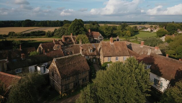 Aerial perspective of a rural community highlighting spatial organization, ideal for geographic studies