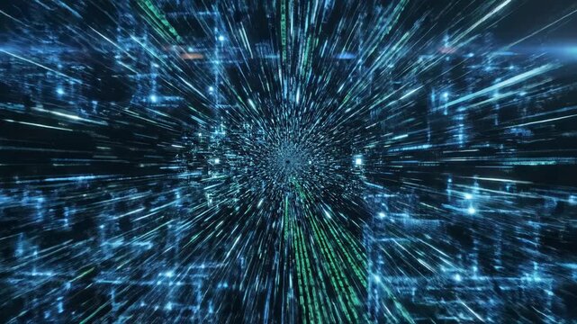Abstract digital tunnel of light and binary code streams moving fast into the dark future technology abyss