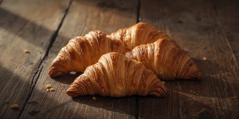 Close up of freshly baked croissants on rustic wooden background, highlighting layered pastry and golden color, bakery goods, World Pastry Day