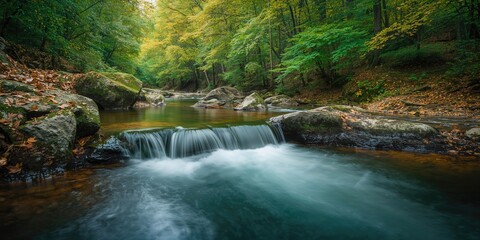 Stream navigating through trees in a forest after rainfall, water movement, environmental preservation