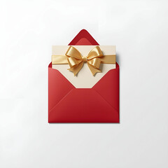 Red envelope containing cream-colored gift card wrapped with gold bow.