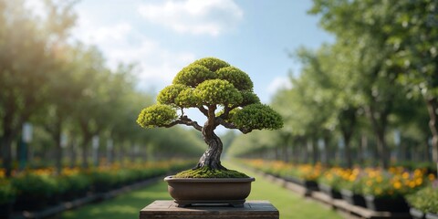 Bonsai plant at plant nursery, focused on horticultural maintenance and growth practices
