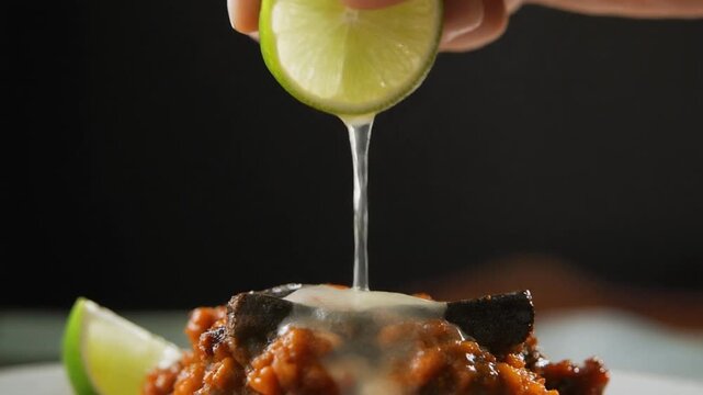 Close-up of a hand squeezing fresh lime juice over a delicious dish, enhancing its flavor with a zesty splash.