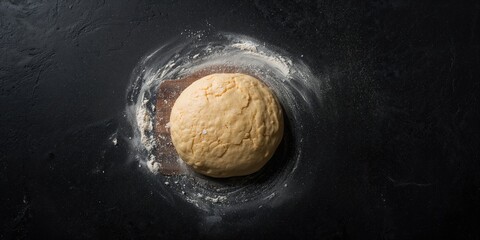 Dough being rolled out on a dark surface, suitable for bakery preparation workflows
