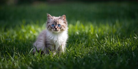 Glamorous smoky cat with striking blue eyes relaxing on the lawn, feline beauty and grooming routines