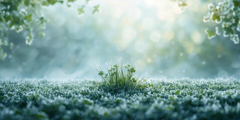 Frost-covered grass and clover, seasonal change in early winter
