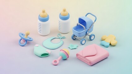 A collection of essential baby items and accessories for newborn care, rendered in a 3d style