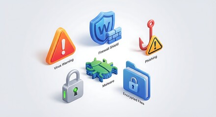 A collection of isometric icons representing cybersecurity, threats, and data protection