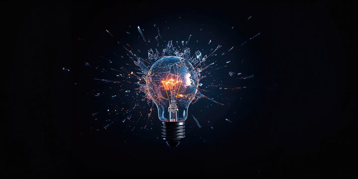 Light bulb with glass fragments against dark backdrop, symbolizing breakthrough ideas and inspiration, World Creativity and Innovation Day