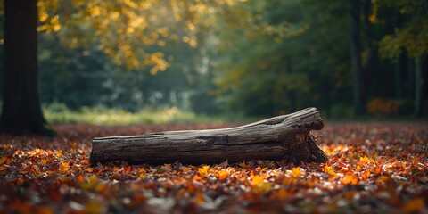 Forest scene featuring a weathered log amid vibrant autumn foliage and green plants, highlighting seasonal transition