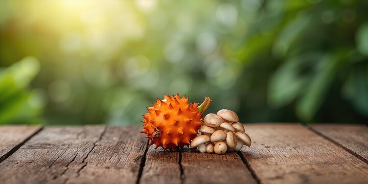 Gac fruit and mushroom on aged wood surface, natural health benefits, World Food Day