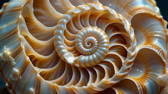 Close-up of a Nautilus Shell with Intricate Spiral Patterns and Iridescent Colors.