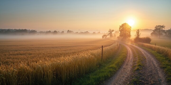 Dirt road weaving through a wheat field during a foggy spring morning, seasonal rural accessibility - Powered by Adobe