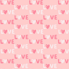 Playful seamless pattern with repeating “LOVE” text in pink shades. Perfect for Valentine’s Day designs, romantic stationery, packaging, kids products, and cute decorative themes.