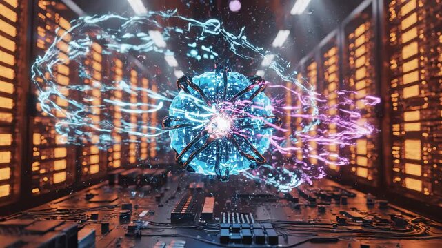 Abstract visualization of artificial intelligence processing data inside a futuristic server room or data center