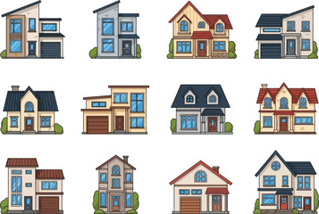 Set of twelve different modern and traditional house illustrations
