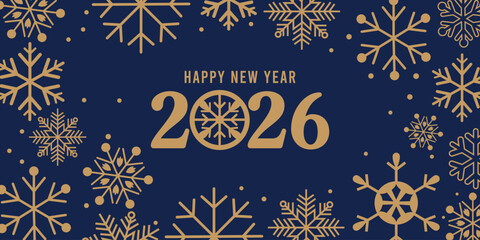 Elegant Happy New Year 2026 greeting card with golden typography and decorative snowflakes on a dark blue background, perfect festive design for holiday invitations, social media, posters and seasonal © bibin