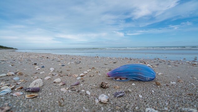 Single blue Portuguese man o war jellyfish washed ashore on a shell-filled Texas Gulf Coast beach, highlighting ocean pollution