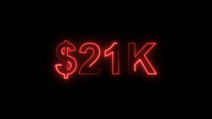 Neon line bright 21k followers isolated red color 4k illustration on black background. Vibrant neon shiny 21k text red color 4k illustration digits for high-resolution.