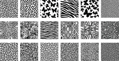 Black and White Seamless Abstract and Animal Print Vector Patterns Collection, including Leopard, Cheetah, Zebra Stripes, Butterflies, and Artistic  © Abida