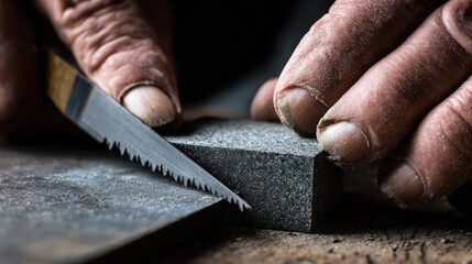 Closeup of skilled hands carefully honing saw blade teeth with a fine sharpening stone enhancing cutting precision and extending blade life.