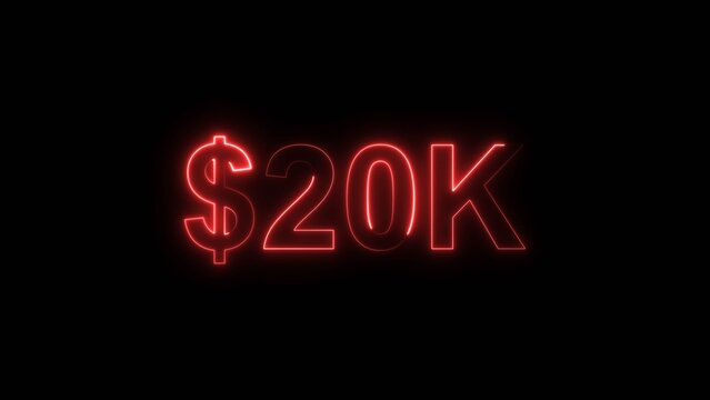 Neon line bright 20k followers isolated red color 4k illustration on black background. Vibrant neon shiny 20k text red color 4k illustration digits for high-resolution.