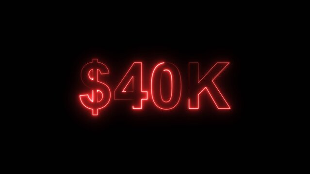 Neon line bright 40k followers isolated red color 4k illustration on black background. Vibrant neon shiny 40k text red color 4k illustration digits for high-resolution.