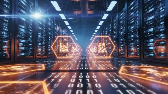 Futuristic digital data center aisle with glowing binary code and holographic interface hexagons representing big data