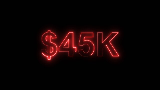 Neon line bright 45k followers isolated red color 4k illustration on black background. Vibrant neon shiny 45k text red color 4k illustration digits for high-resolution.