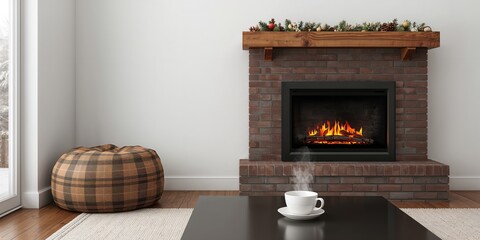Interior of a modern room with fireplace, designed for cozy relaxation and warmth, winter season