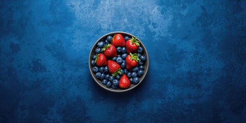 Blue metal surface with fresh blueberries and strawberries in a grey ceramic bowl, fruit presentation for healthy eating awareness