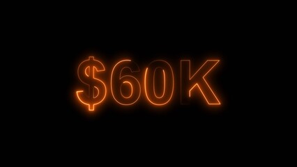 Neon line bright 60k followers isolated orange color 4k illustration on black background. Vibrant neon shiny 60k text orange  color 4k illustration digits for high-resolution. 