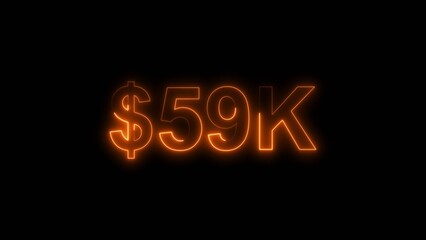 Neon line bright 59k followers isolated orange color 4k illustration on black background. Vibrant neon shiny 59k text orange  color 4k illustration digits for high-resolution. 