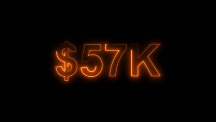 Neon line bright 57k followers isolated orange color 4k illustration on black background. Vibrant neon shiny 57k text orange  color 4k illustration digits for high-resolution. 