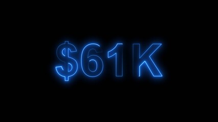 Neon line bright 61k followers isolated royal blue color 4k illustration on black background. Vibrant neon shiny 61k text royal blue color 4k illustration digits for high-resolution. 
