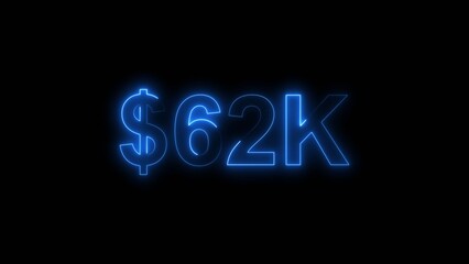 Neon line bright 62k followers isolated royal blue color 4k illustration on black background. Vibrant neon shiny 62k text royal blue color 4k illustration digits for high-resolution. 