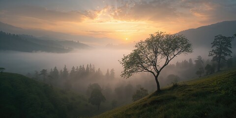 Misty morning in the valley with awakening nature, ideal for environmental awareness day
