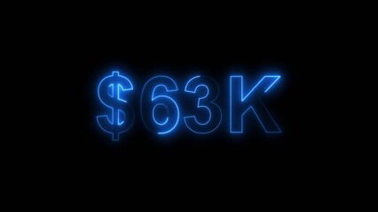 Neon line bright 63k followers isolated royal blue color 4k illustration on black background. Vibrant neon shiny 63k text royal blue color 4k illustration digits for high-resolution. 