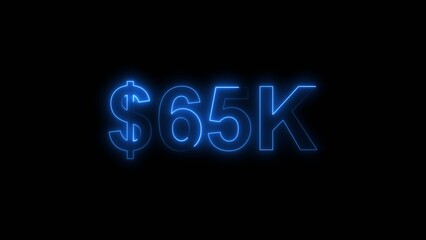 Neon line bright 65k followers isolated royal blue color 4k illustration on black background. Vibrant neon shiny 65k text royal blue color 4k illustration digits for high-resolution. 