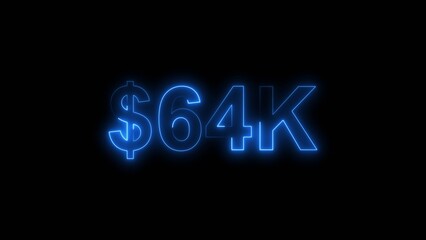 Neon line bright 64k followers isolated royal blue color 4k illustration on black background. Vibrant neon shiny 64k text royal blue color 4k illustration digits for high-resolution. 