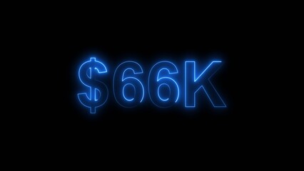 Neon line bright 66k followers isolated royal blue color 4k illustration on black background. Vibrant neon shiny 66k text royal blue color 4k illustration digits for high-resolution. 
