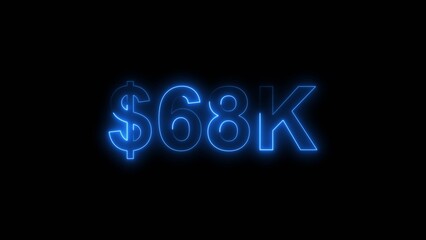 Neon line bright 68k followers isolated royal blue color 4k illustration on black background. Vibrant neon shiny 68k text royal blue color 4k illustration digits for high-resolution. 
