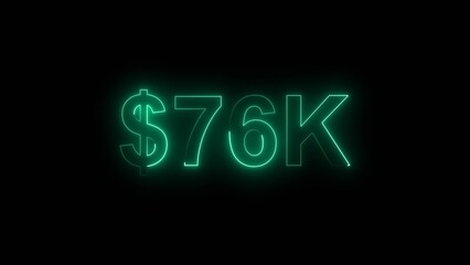 Neon line bright 76k followers isolated turquoise color 4k illustration on black background. Vibrant neon shiny 76k text turquoise color 4k illustration digits for high-resolution. 