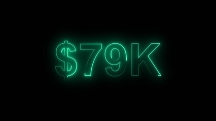 Neon line bright 79k followers isolated turquoise color 4k illustration on black background. Vibrant neon shiny 79k text turquoise color 4k illustration digits for high-resolution. 