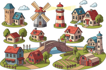 Collection of cute village buildings, houses, lighthouse, windmill, and bridge