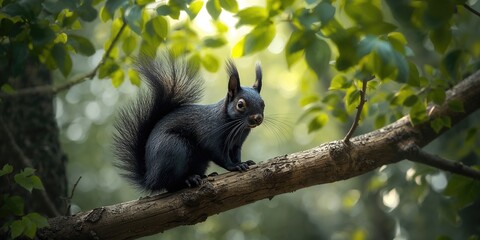 Obraz premium Dark-colored squirrel on tree limb, highlighting city nature interactions, World Wildlife Day