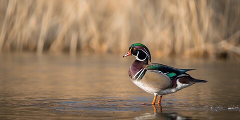Male wood duck resting by water's edge with reeds, illustrating freshwater bird behavior for conservation awareness
